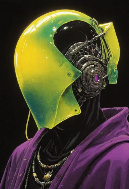 resembling intricately-detailed daft punk, an excentric laughing feudal wired-cyborg Rococo shinobi, vibrant neon colorful, 80s synthwave style, translucent DARK-yellow/purple/turqoise velvet high collar blouse, the face shrouded in darkness, a Large hooded Linen Cape with Highlights and Ornaments, volumetric lighting, ultra detailed, deep Blacks, very detailed, atmospheric haze, Film grain, cinematic film still, shallow depth of field, highly detailed, high budget, cinemascope, moody, epic