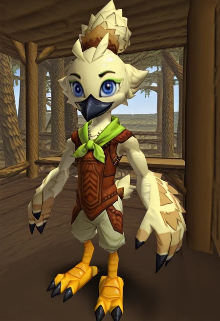 score_9, aesthetic, glossy, low poly, 3d, an animated character, 1boy, solo, Tulin, leather vest, green scarf, furry, avian furry, white feathers, feathers, blue eyes, black beak, hair bun, yellow talons, black claws, winged hands, small tail, treehouse,