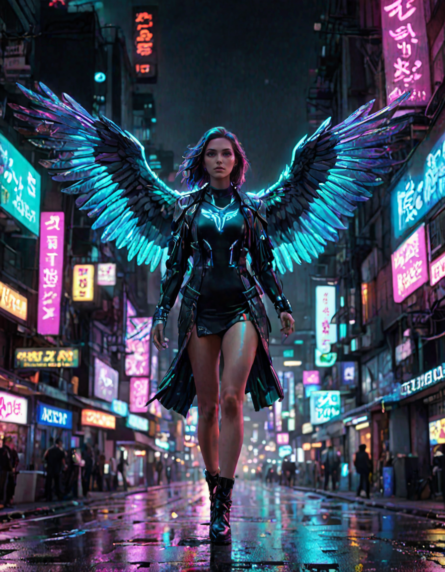 neon eagle woman, winged, hologram, hovering above, cyberpunk street at night, chroma, trending on artstation <lora:LCM_LoRA_Weights:1>