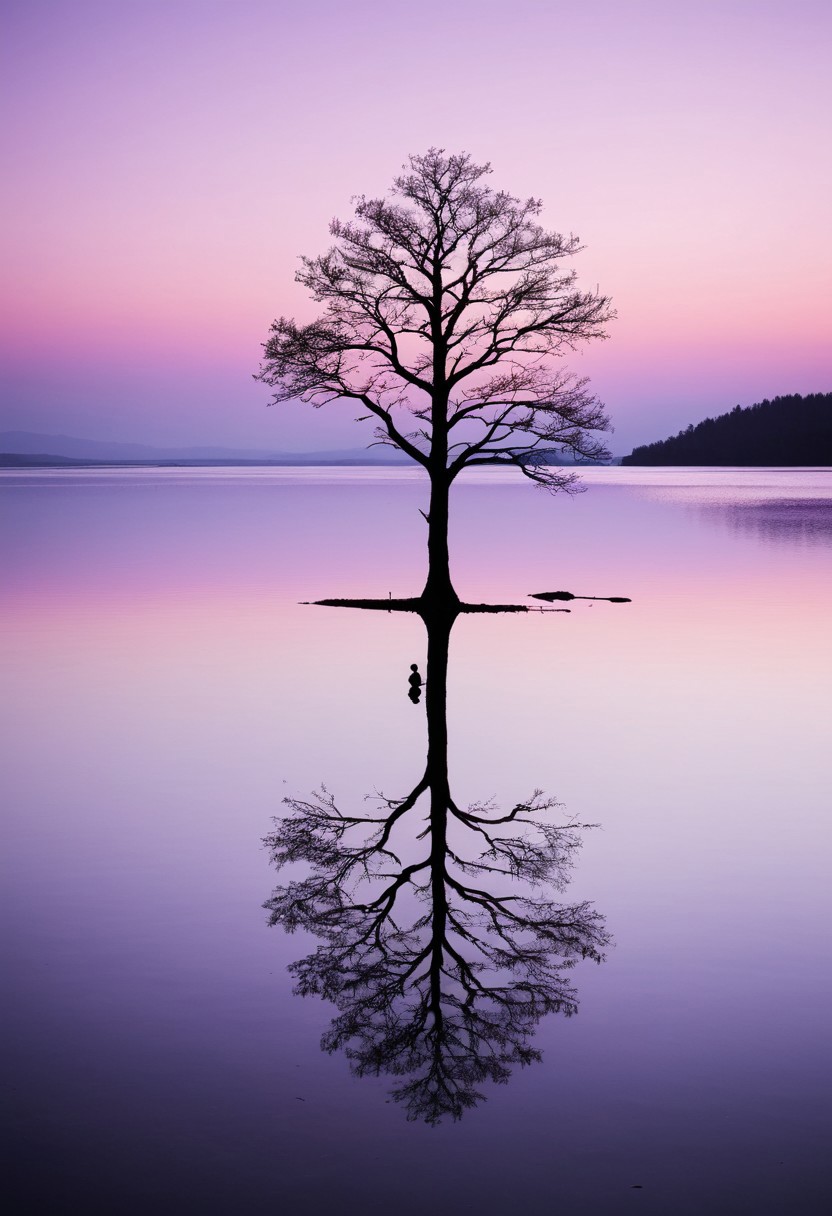 negative space/minimalistic/silhouetted empty land:1.6 tree:1.3, lake, mirror reflection, silhouetted small person and lake., by a National Geographic photographer, rich contrast. aesthetic purple pink pastel color.