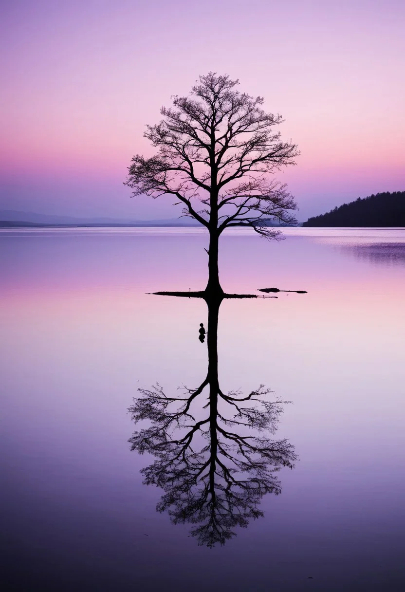 negative space/minimalistic/silhouetted empty land:1.6 tree:1.3, lake, mirror reflection, silhouetted small person and lake., by a National Geographic photographer, rich contrast. aesthetic purple pink pastel color.
