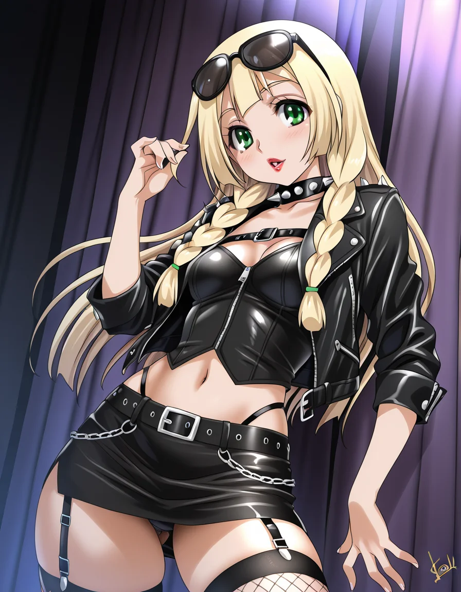 <lora:mitarashi_kousei_Illustrious:1>mitarashi_kousei,
1girl
lillie, spiked collar, leather jacket, miniskirt, navel, garter strap, fishnets, sunglasses, goth, lipstick, cool, inside club, nightclub