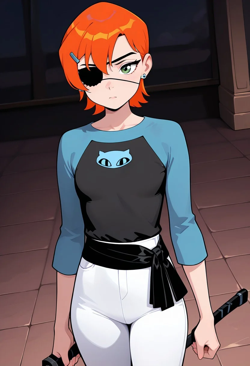 ((screencap, cartoon)) , masterpiece, best quality, amazing quality, very aesthetic, absurdres, newest,
gwenos, short hair, hairclip, orange hair, 1girl, , earrings, ((solo)),, eye liner, green eyes
, white pants, raglan sleeves,
eye patch, injured eye, black bandanna on eye,, black sword, black waist ribbon, black dress, monoichrome nights,