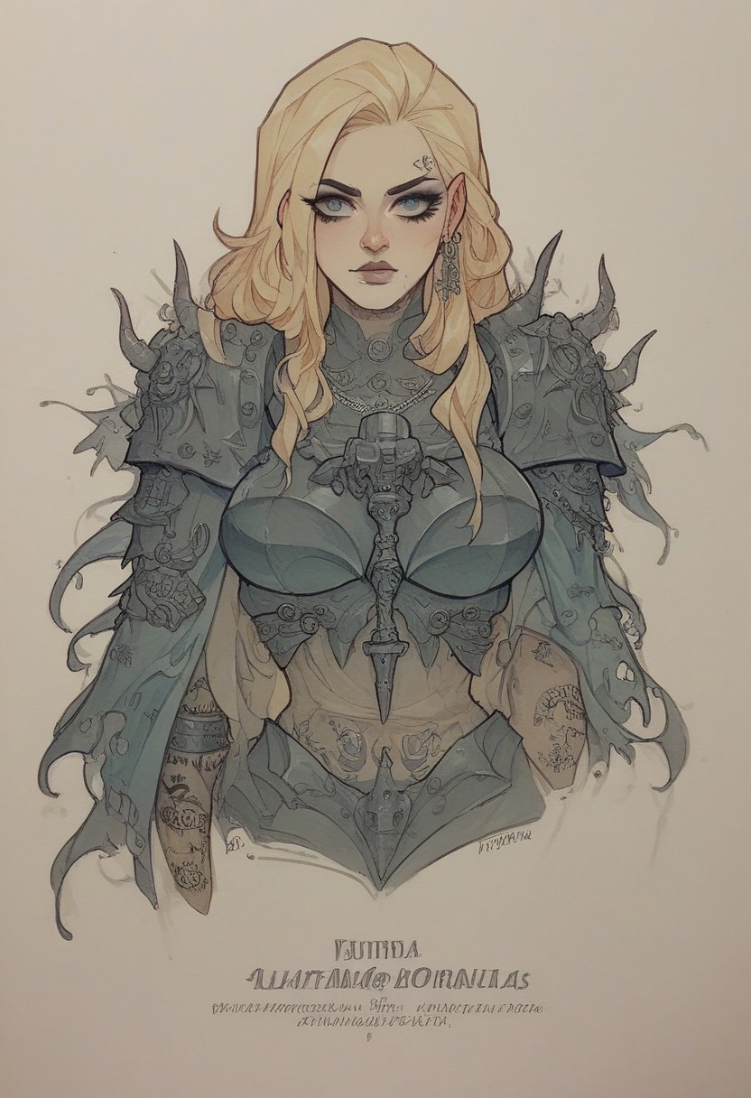 eldr1tr,  score_9,score_8_up,score_7_up,score_6_up, solo, 1girl, tattooed, alice, blonde hair, large breasts, jewelry, armor, warhammer 40k, ultramarine, fine art, text, traditional media, eldritch,