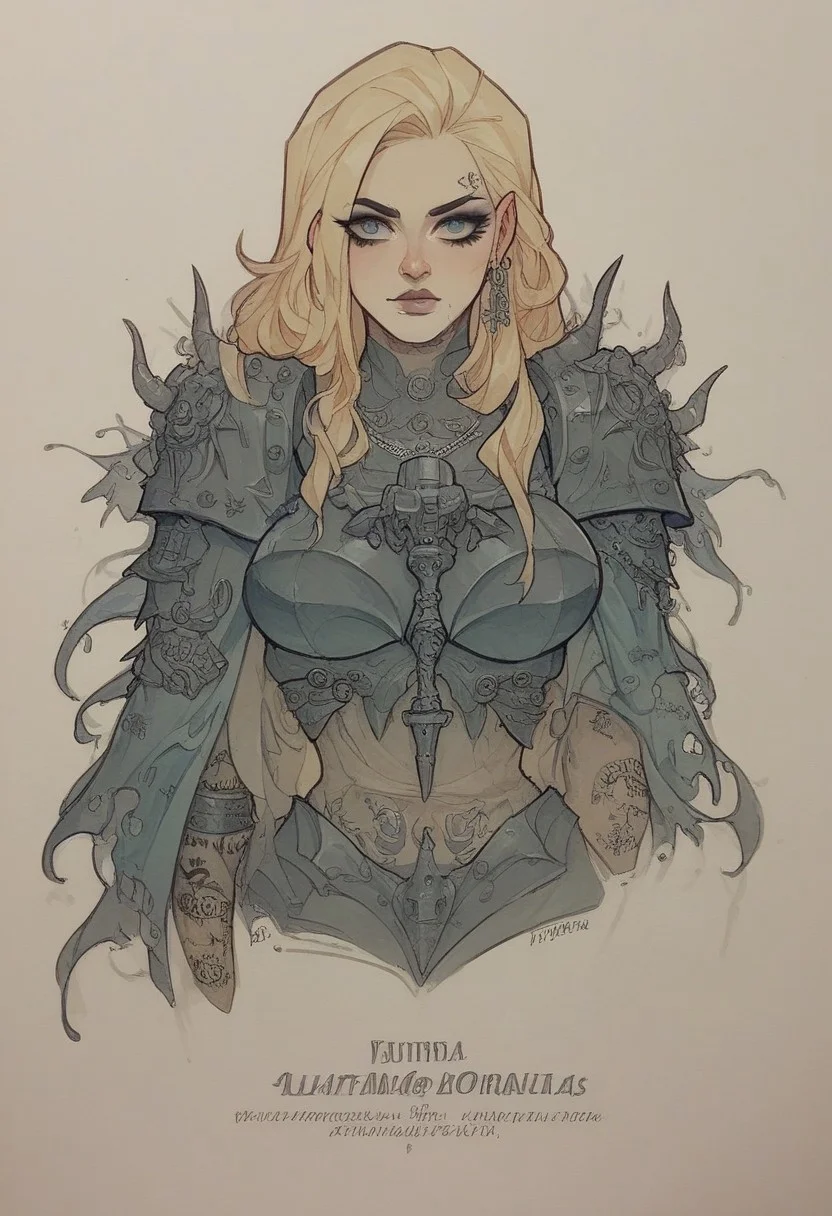 eldr1tr, score_9,score_8_up,score_7_up,score_6_up, solo, 1girl, tattooed, alice, blonde hair, large breasts, jewelry, armor, warhammer 40k, ultramarine, fine art, text, traditional media, eldritch,