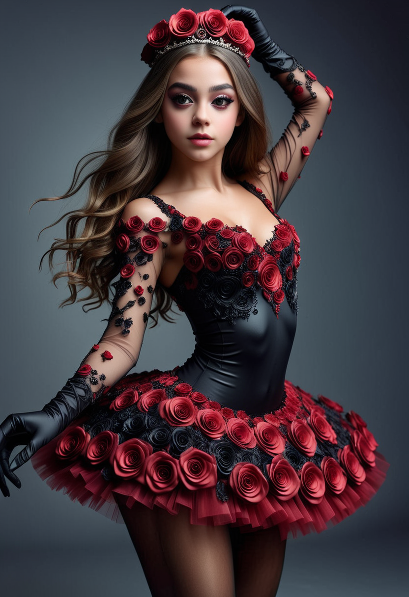 BL4CKR3DR0S3S, a young woman dancing, very long hair, detailed face, detailed eyes, makeup, ornate ballerina longsleve costume with tutu and pantyhose is made of small black and red roses, (longsleve:1.1), gloves, tiara, armlet, white gradient background