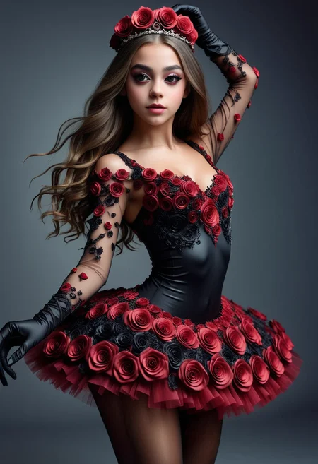 BL4CKR3DR0S3S, a young woman dancing, very long hair, detailed face, detailed eyes, makeup, ornate ballerina longsleve costume with tutu and pantyhose is made of small black and red roses, (longsleve:1.1), gloves, tiara, armlet, white gradient background