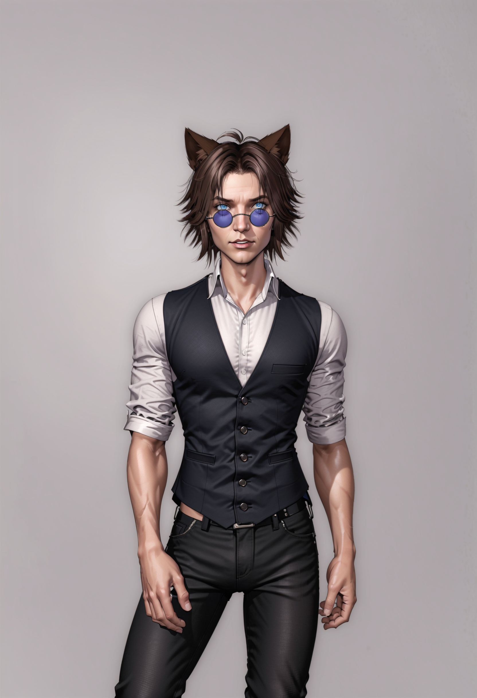 1boy, animal ears, black vest, blue eyes, brown hair, cat ears, collared shirt, indoors, looking at viewer, pants, shirt, simon petrikov, simple background, solo, sunglasses, tinted eyewear, upper body, vest, <lora:SimonSexyMan:0.5>