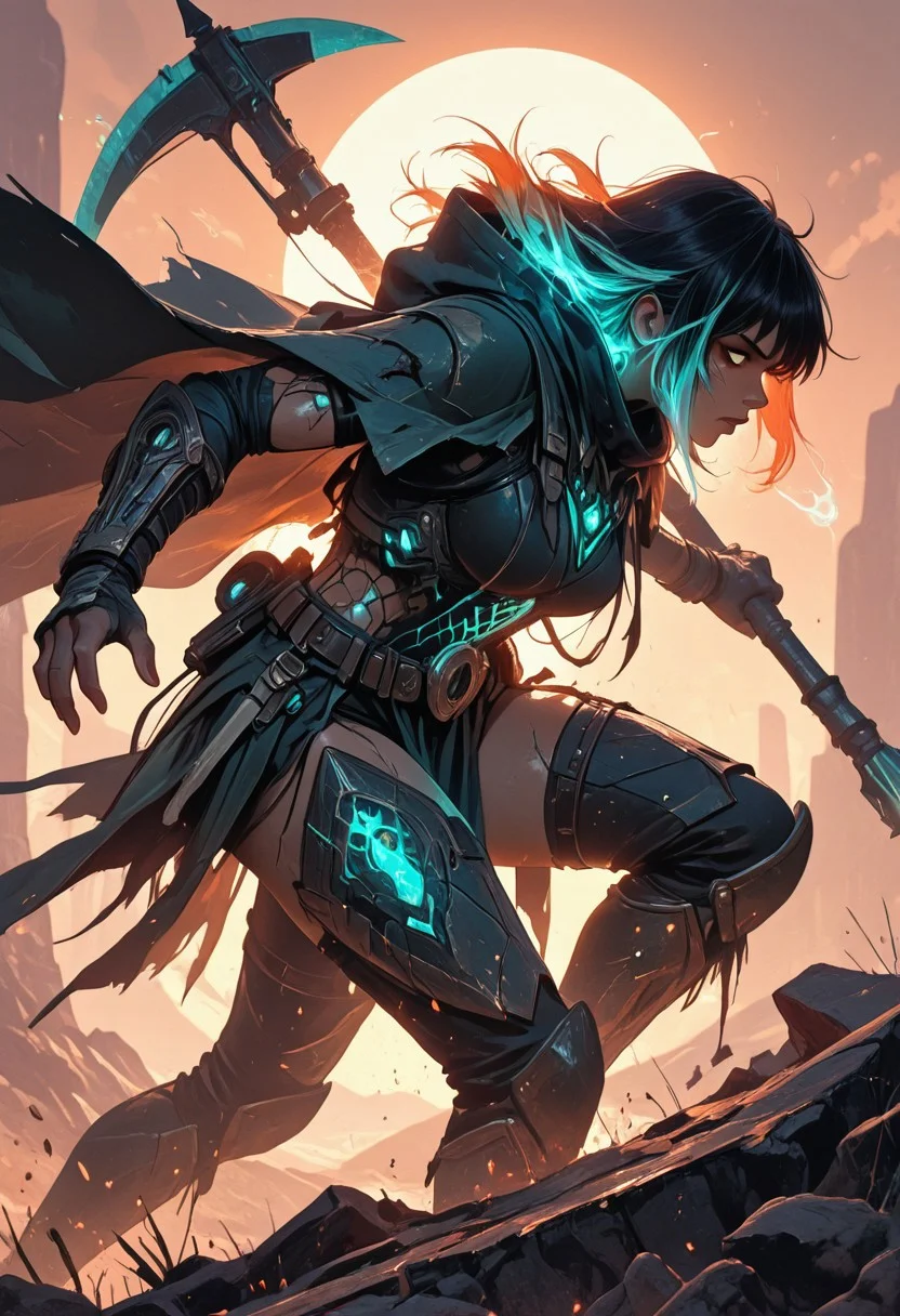 (masterpiece), (best quality), (8k), 1girl, cinematic lighting, dynamic action pose, running or attacking mid-motion, desert setting, glowing heat haze, sun rays cutting through sand dust, monster scale armor, intricate textures, two-tone hair flowing in wind, intense expression, axe mid-swing, muscular build, determined face, cloak flaring behind, ambient particles in air, golden hour glow, cracked sandstone terrain, tribal hunter aesthetic, mid-leap or mid-charge, motion blur on background, focused eyes