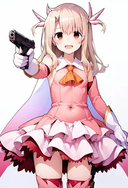 1girl, solo focus, score_9, score_8_up, score_7_up, source_anime, rating_lewd, masterpiece, aaillya, long hair, blonde hair, two side up, hair ornament, red eyes, bare shoulders, magical girl, cape, orange ascot, pink shirt, sleeveless, detached sleeves, white gloves, white skirt, pink thighhighs, holding gun, handgun, aiming, aiming at viewer, empty smile, open mouth, empty eyes, torn clothes, cleavage, navel, cameltoe,