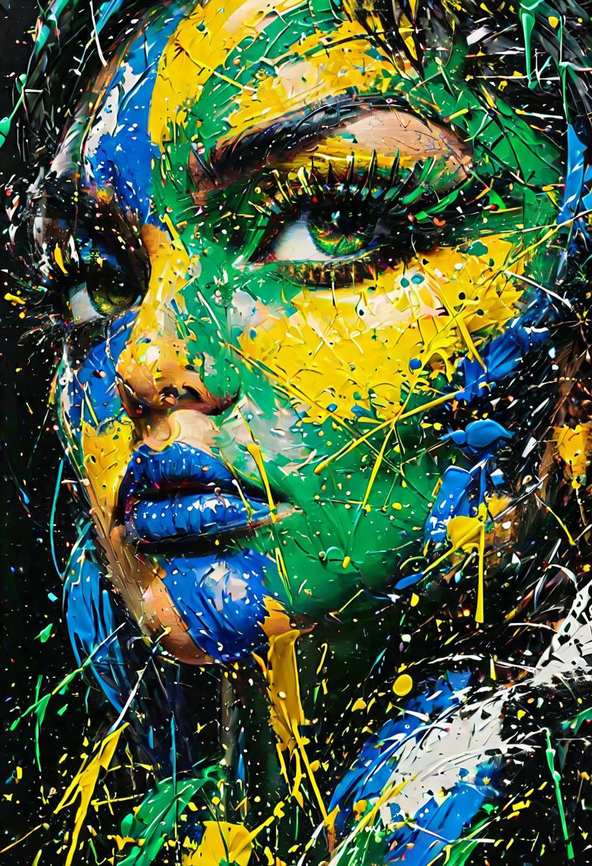 impactful paint of (((brazilian flag))), (green:1.25),  (blue:1.15),  (yellow:1.2), (white:0.75), highly detailed, 8k, sharp, professional, clear, high contrast, high saturated, , vivid deep blacks, crystal clear