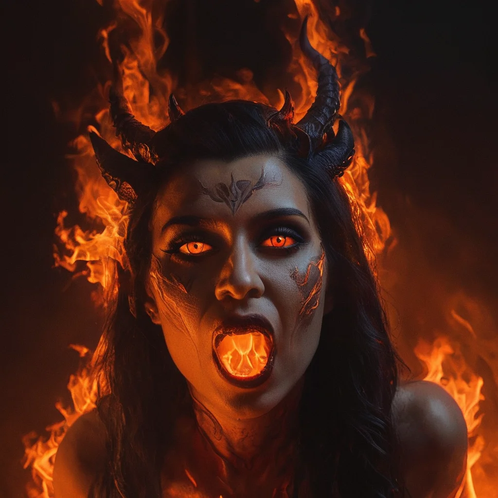 Horror-themed, <lora:Demon Girl:0.8>
Demon Girl a fire breathing man with flames in the background,devil,Demon Girl style,horns,fire,dragon,orange theme , realistic, sharp, detailed, classic, 1990's, horror, photography, artistic, perfect teeth, crazy, Eerie, unsettling, dark, spooky, suspenseful, grim, highly detailed
