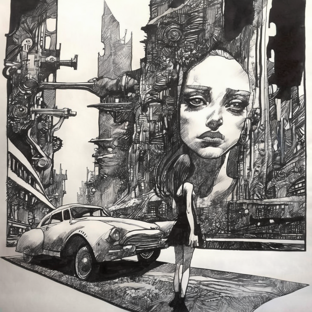 drawix20 girl and old car in futuristic city, very detailed, black ink <lora:drawix20:1>
