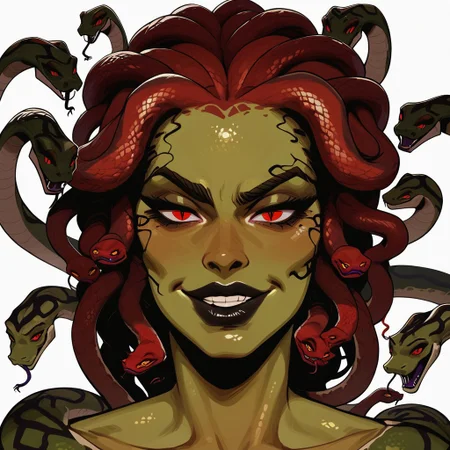 score_9, score_8_up, score_7_up, score_6_up, source_cartoon, black outlines, 1girl, portrait face, (close up:1.5), white background, simple background, gorgon, naga, snake girl, snake hair, black lips, green skin, red hair, smug expression, smirk. snake eyes, wide mouth, seductive, wide smile, red eyes, red snake hair