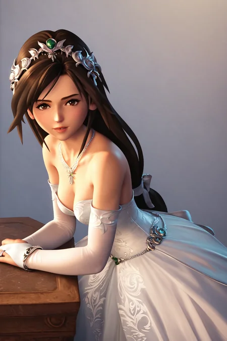 score_9,score_8_up,score_7_up,masterpiece,best quality,
garnet til alexandros xvii,1girl,dress,solo,wedding dress,jewelry,brown hair,bare shoulders,breasts,necklace,long hair,brown eyes,cleavage,bridal gauntlets,tiara,
<lora:Garnet_PONY_XL:0.8>,