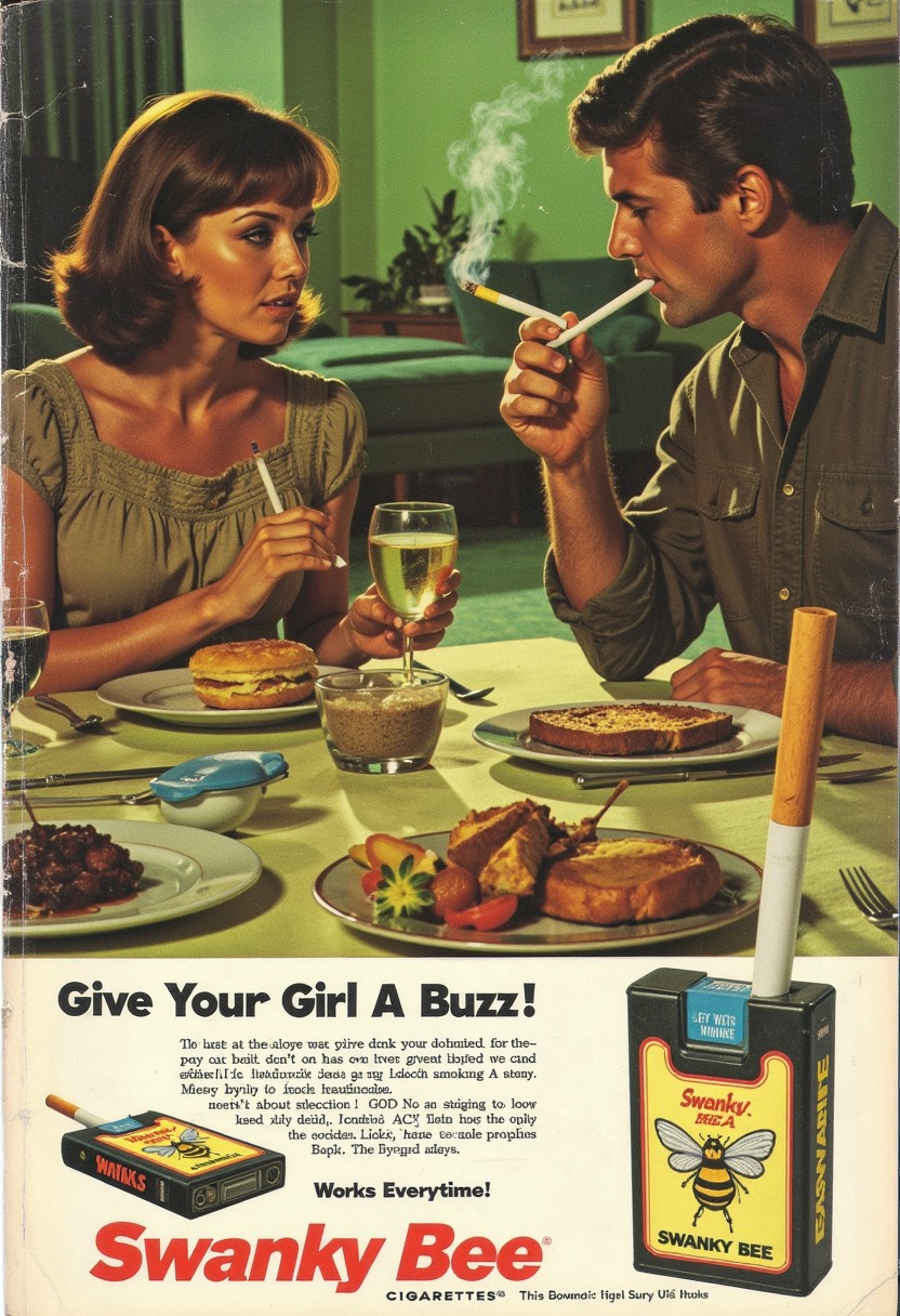 vintage ad, Magazine ad, cigarette company called Swanky Bee Cigarettes, The ad features 1970's couple enjoying their dinner and smoking cigarettes, The ad features a close up view of the pack with 2 cigarettes pulled partially from the top. The pack shows a bee winking and puffing a cigarette. The slogan for the company is at the bottom and reads "Give Your Girl A Buzz" The other copy says "Works Everytime!", wear and tear on cover. Photorealistic, photograph, A vintage ad in a magazine to bring the allure of cigarette smoking to a larger audience. The background is the inside of a 1970's house with trendy olive green decor and shag carpeting. vintage comic book cover, holding cigarette