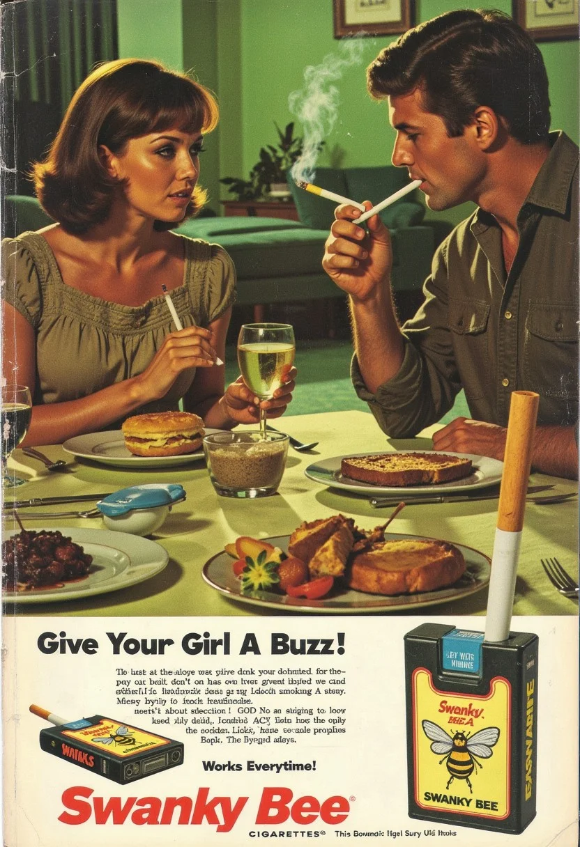 vintage ad, Magazine ad, cigarette company called Swanky Bee Cigarettes, The ad features 1970's couple enjoying their dinner and smoking cigarettes, The ad features a close up view of the pack with 2 cigarettes pulled partially from the top. The pack shows a bee winking and puffing a cigarette. The slogan for the company is at the bottom and reads "Give Your Girl A Buzz" The other copy says "Works Everytime!", wear and tear on cover. Photorealistic, photograph, A vintage ad in a magazine to bring the allure of cigarette smoking to a larger audience. The background is the inside of a 1970's house with trendy olive green decor and shag carpeting. vintage comic book cover, holding cigarette