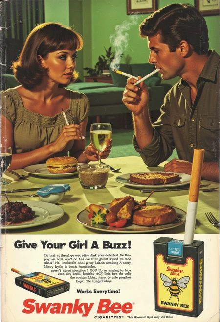 vintage ad, Magazine ad, cigarette company called Swanky Bee Cigarettes, The ad features 1970's couple enjoying their dinner and smoking cigarettes, The ad features a close up view of the pack with 2 cigarettes pulled partially from the top. The pack shows a bee winking and puffing a cigarette. The slogan for the company is at the bottom and reads "Give Your Girl A Buzz" The other copy says "Works Everytime!", wear and tear on cover. Photorealistic, photograph, A vintage ad in a magazine to bring the allure of cigarette smoking to a larger audience. The background is the inside of a 1970's house with trendy olive green decor and shag carpeting. vintage comic book cover, holding cigarette