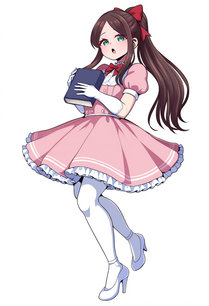 masterpiece, best quality, 1girl, 
open mouth, puffy short sleeves, puffy sleeves, red ribbon, brown hair, ribbon, red bow, holding book, white pantyhose, elbow gloves, white footwear, pink dress, looking at viewer, book, short sleeves, pantyhose, long hair, ponytail, white gloves, dress, green eyes, full body, parted bangs, holding, bow, gloves, hair ribbon, high heels, sidelocks, red bowtie, bowtie
 <lora:bukatsu (clubactivity):1>