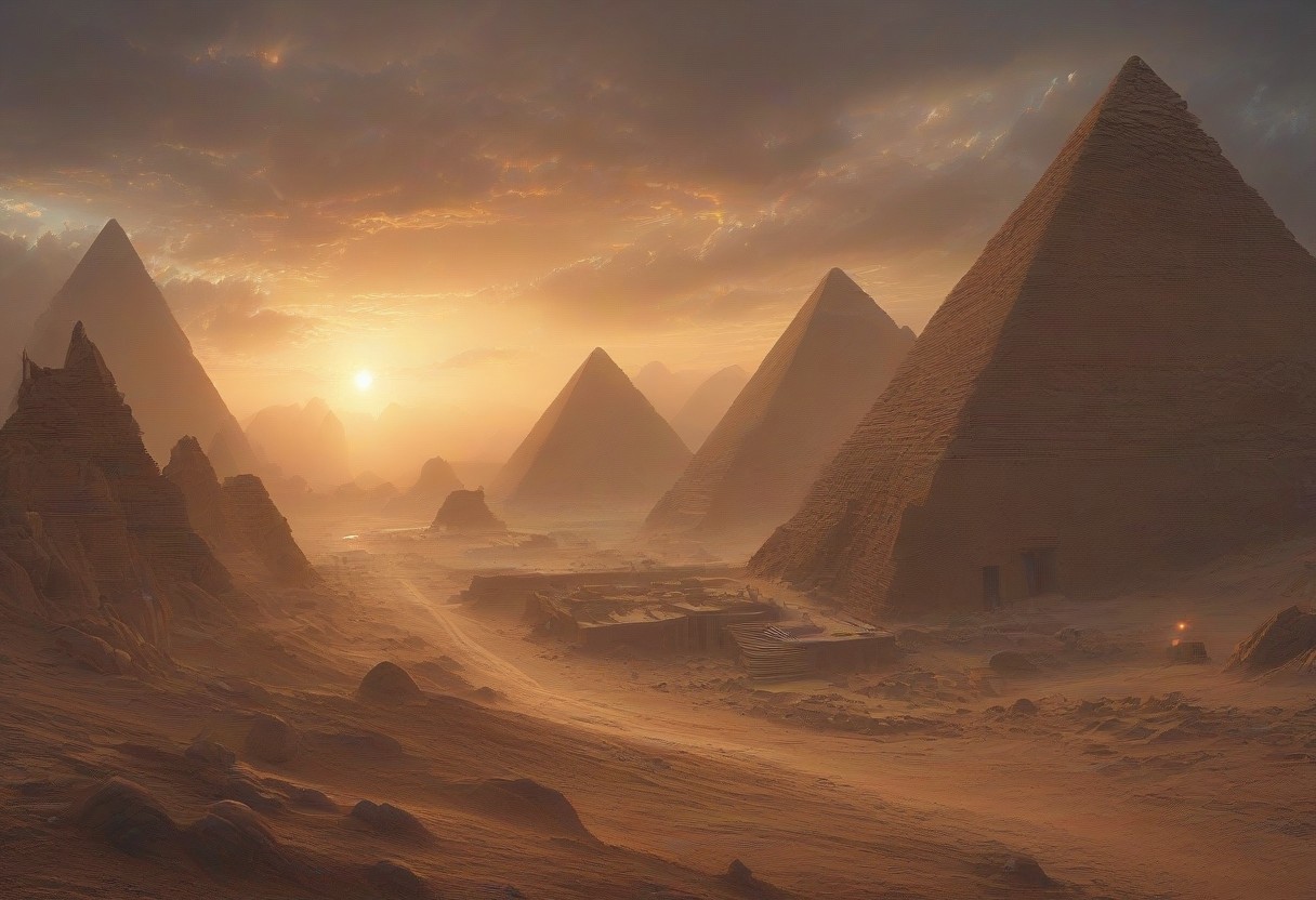 A panoramic view of Ancient Egypt at dawn, with the sun rising over the pyramids, The sky is painted in orange and gold tones, ultra quality, ultra detailed, intricate details, DonM3t3rn1tyXL