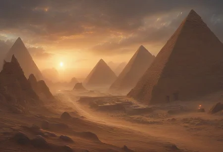 A panoramic view of Ancient Egypt at dawn, with the sun rising over the pyramids, The sky is painted in orange and gold tones, ultra quality, ultra detailed, intricate details, DonM3t3rn1tyXL