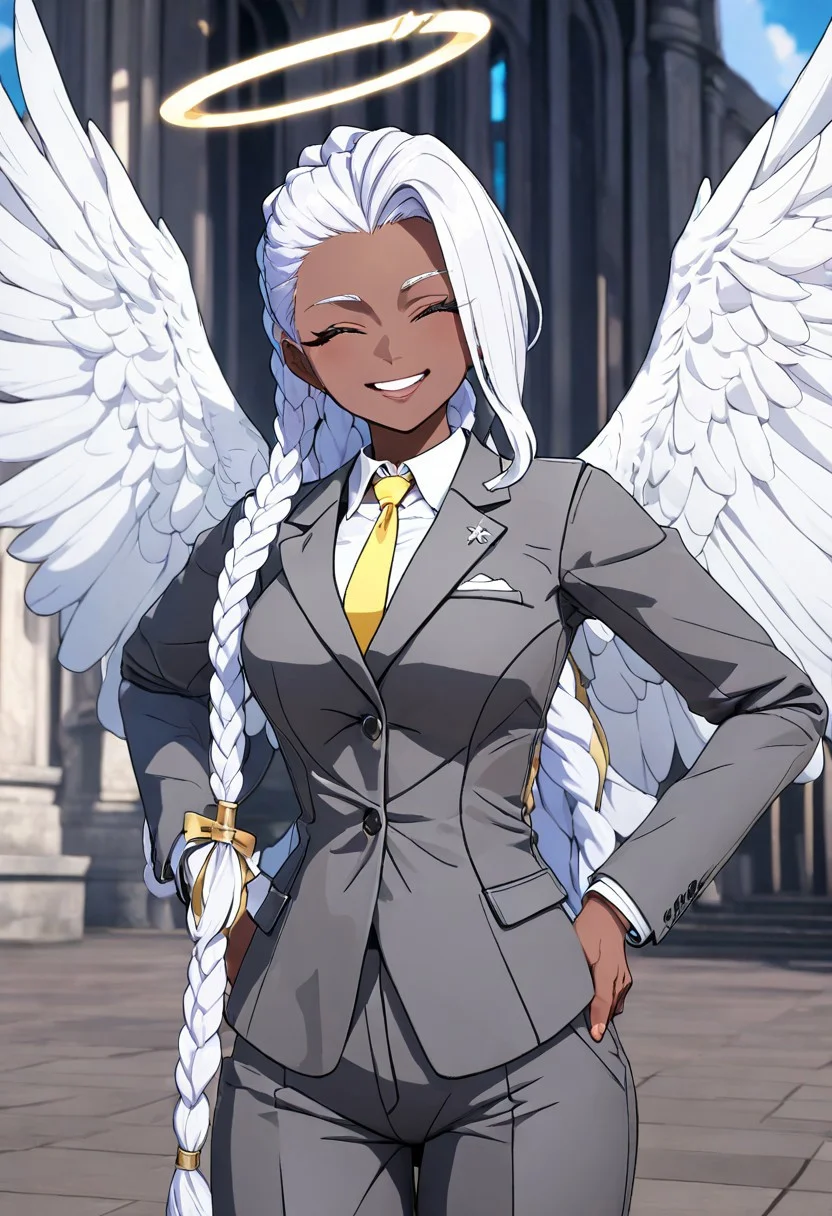 masterpiece, best quality, newest, absurdres, highres, CSGV1.0, anime coloring, 3d, 1girl, dark skin, dark-skinned female, grey suit, suit official attire, official clothes, nectie, yellow necktie, white hair, long hair, braid, single braid, angel, angel girl, halo, wings, angel wings, smile, happy,
