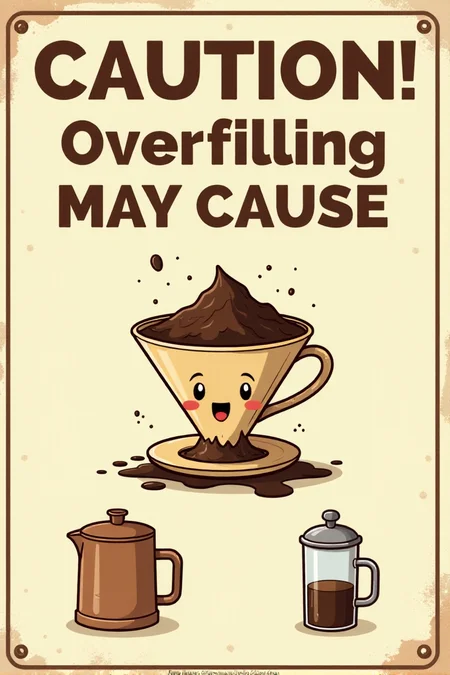 "Visualize a vintage safety sign featuring a cartoon coffee filter overflowing with coffee grounds, resembling a tiny volcano erupting. A surprised cartoon face is peeking out from behind a nearby sugar dispenser. The sign reads in bold, slightly shaky brown lettering on a cream background: 'CAUTION! Overfilling May Cause Overflow!' Below, a simple illustration shows the correct level of coffee grounds in a filter. The cartoon style should be slightly whimsical and cautionary, like an illustration from an old pamphlet. Include small details like drips of coffee around the overflowing filter. 8k resolution, vintage whimsical cartoon style, warning against a common mistake in coffee brewing that could lead to spills." <lora:REMEs_War_Poster_Style:0.95> In REME's War Poster Style,âââ