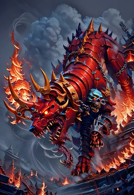 score_9, score_8_up, score_8,
Khrn, solo, open mouth, horns, teeth, smog, fire, Bldcrsher, side view, monster, dog, looking at viewer, glowing eyes,