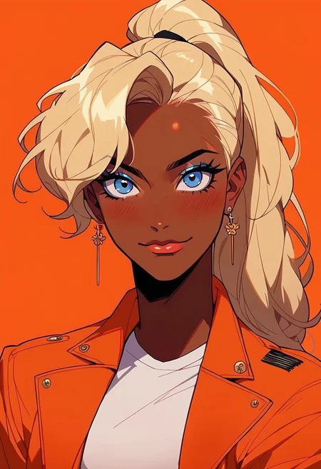 score_9, score_8_up, score_7_up, score_6_up, jdc_style, 1girl,shinny skin, egirlpfp,lineart,looking at viewer, proud,orange jacket, white shirt, blush, dark skin,blonde, lazy eyes,long hair, high ponytail,shinny skin,comb oneself,claveaje,holding her hair,eyeliner, mascara, (smile:0.6),sexy