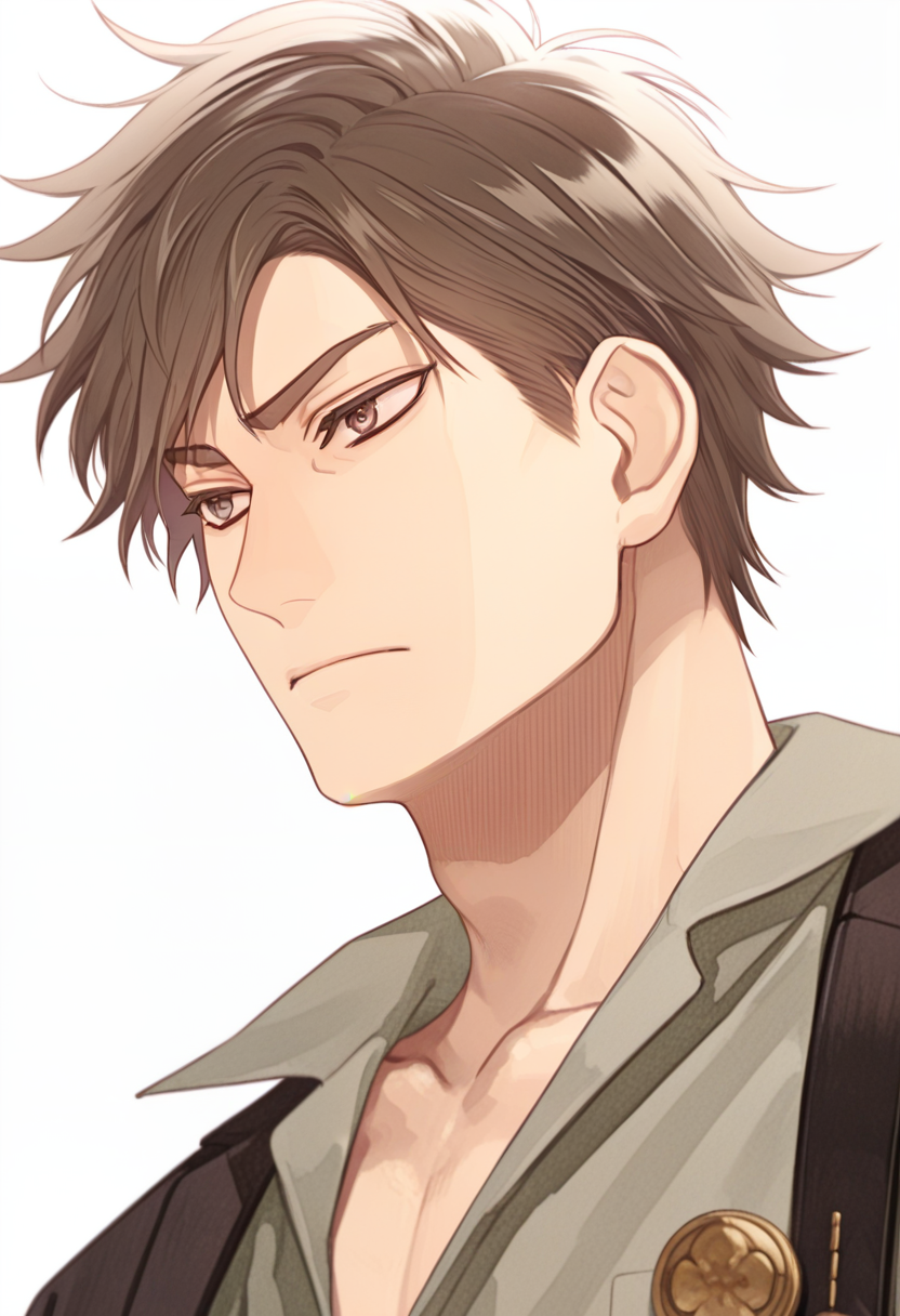 embedding:SmoothNoob_Quality, 1boy, mrk4_hjm3, brown_mhjm3_hair, brown_mhjm3_eyes, mature male, male focus, anime coloring, muscular male, white background, from below, looking afar, close-up,
