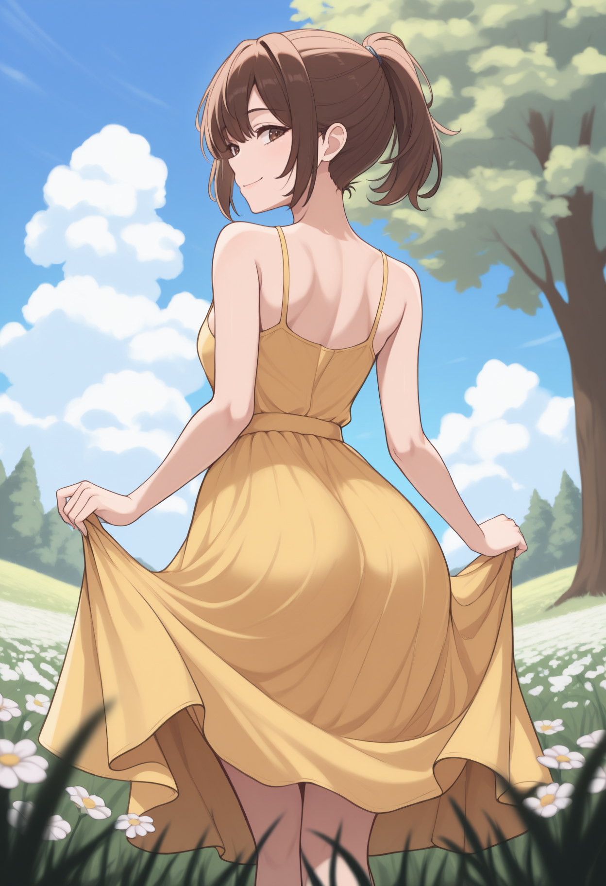 masterpiece, best quality, from behind, solo, 1girl, shbrs, smile, looking back, skirt hold, short hair, brown hair, ponytail, brown eyes, yellow sundress, bare shoulders, outdoors, blue sky, cloud, grass, flower field, tree, blurry foreground
<segment:yolo-Anzhc Face seg 640 v2 y8n.pt,0.4,0.5//cid=1>