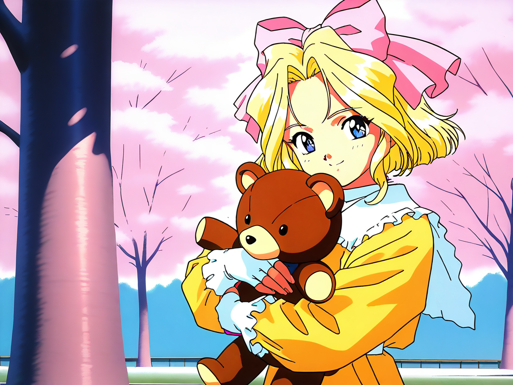 masterpiece, best quality, good quality, <lora:Iris_Chateaubriand_IS:1> IrisChateaubriand, blonde hair, pink bow, blue eyes, hair bow, short hair, 1990s \(style\), 
1girl, teddy bear, solo, bow, fingerless gloves, stuffed animal, stuffed toy, gloves, looking at viewer, holding, smile, standing, Yellow long sleeves, outdoor,
 fujishima kousuke style, 1990s (style).
