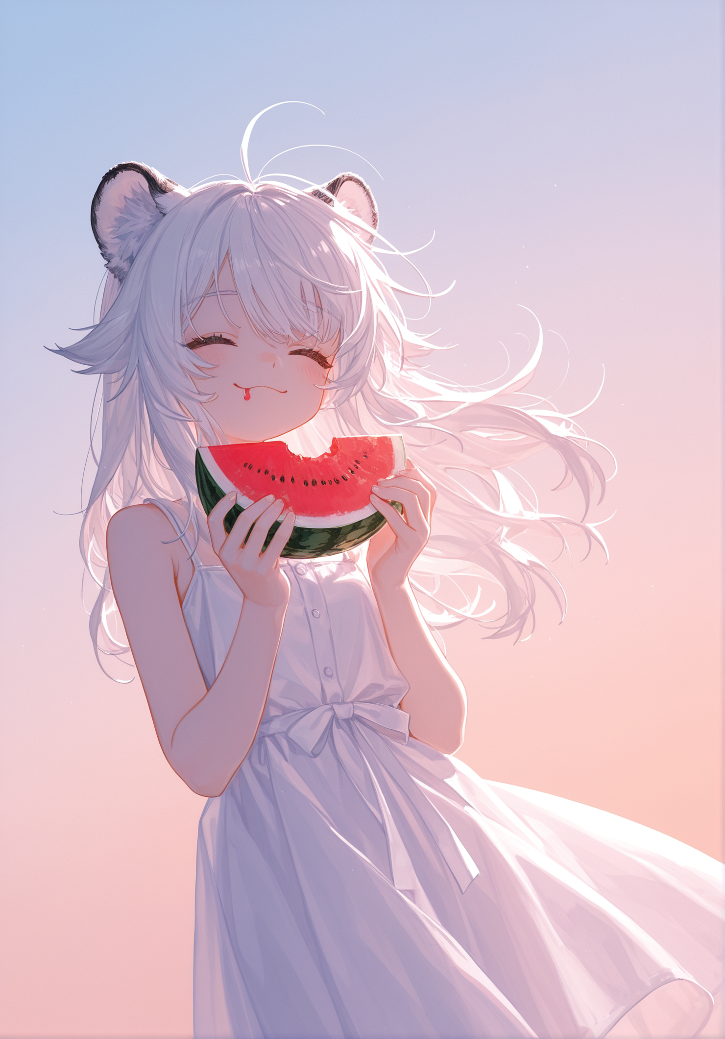 masterpiece, best quality, good quality,
anime character, dynamic angle, a girl eating a small slice of watermelon with both hands, white tiger ears, hair flaps, cute, happy, joy, beautiful aesthetic, long hair, fluffy white hair, floating hair, sunlight, gradient sky, natural image, happy, summer dress, closed eyes, [close up], smile, [drool], kawaii, BREAK wide shot, perspective, pastel color background, vivid color, (simple background), (by tianliang duohe fangdongye), [by quasarcake]