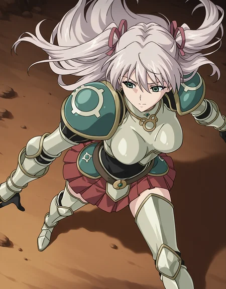 masterpiece,best quality,very aesthetic,zPDXL,2023,anime style,
BREAK <lora:suvia_v5-000018:0.9>,suviav5,1girl,solo,long hair,ribbon,hair ribbon,green eyes,two side up,breasts,twintails,medium breasts,grey hair,17-year-old girl,(a domineering girl:1.3),skinny,standing,(armor:1.1),(shoulder armor:1.1),pauldrons,belt,(breastplate:1.1),gauntlets,shoulder pads,red skirt,pleated skirt,leg armor,waist armor,dynamic_angle,dynamic_pose,close-up,macro_shot,
