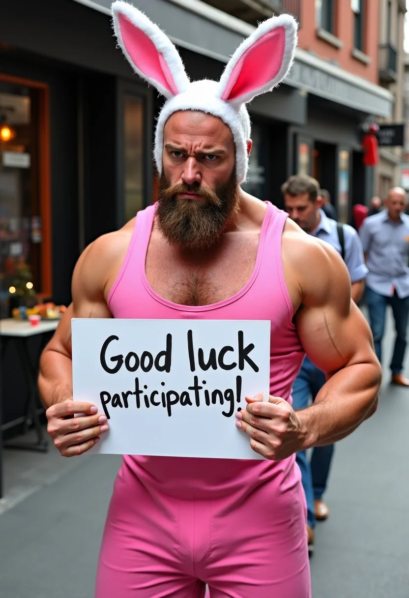 Realistic photo, a muscular bearded man with a bald head stands on the street near a cafe. He has rabbit ears and a tail on. He's wearing cute pink dress. His face expresses anger and embarrassment. He is holding signs that say "Good luck participating!", sfw, PG