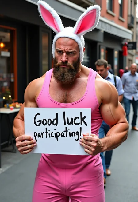 Realistic photo, a muscular bearded man with a bald head stands on the street near a cafe. He has rabbit ears and a tail on. He's wearing cute pink dress. His face expresses anger and embarrassment. He is holding signs that say "Good luck participating!", sfw, PG