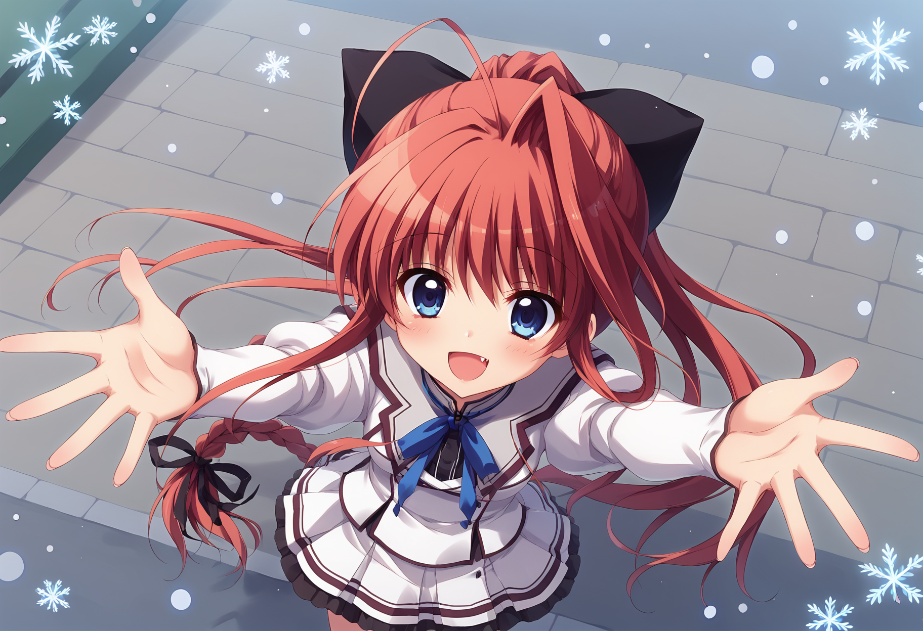score_9, score_8_up, score_7_up BREAK
source_anime, rating_safe, from above, on street, snowing, snowflakes, winter, cold, breath, close-up face, standing, looking up, looking at viewer, outstretched hands, blush, open mouth, smile, open mouth, fang, :d, solo, 1girl, mssana, red hair, long hair, ponytail, single hair intake, ahoge, braid, hair bow, blue eyes, small breasts, school uniform, puffy sleeves, juliet sleeves, skirt <lora:mashirosana_epoch_8:0.7>