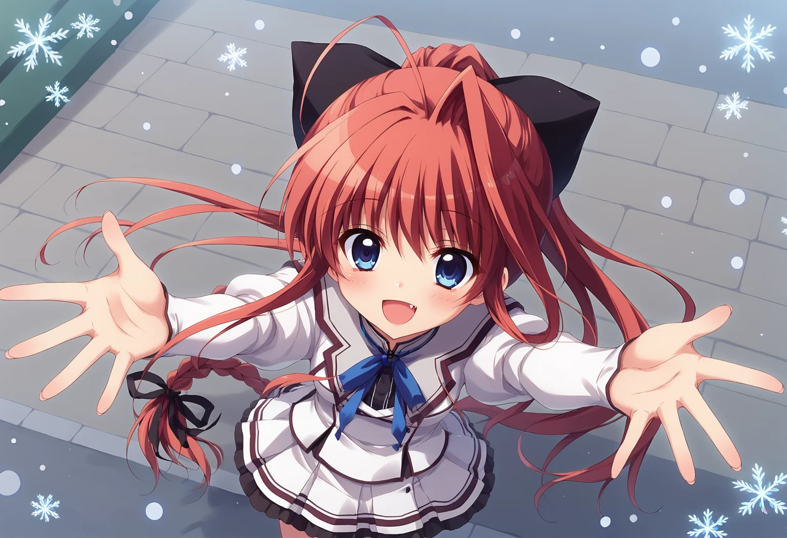 score_9, score_8_up, score_7_up BREAK
source_anime, rating_safe, from above, on street, snowing, snowflakes, winter, cold, breath, close-up face, standing, looking up, looking at viewer, outstretched hands, blush, open mouth, smile, open mouth, fang, :d, solo, 1girl, mssana, red hair, long hair, ponytail, single hair intake, ahoge, braid, hair bow, blue eyes, small breasts, school uniform, puffy sleeves, juliet sleeves, skirt <lora:mashirosana_epoch_8:0.7>