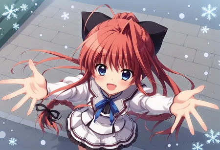 score_9, score_8_up, score_7_up BREAK
source_anime, rating_safe, from above, on street, snowing, snowflakes, winter, cold, breath, close-up face, standing, looking up, looking at viewer, outstretched hands, blush, open mouth, smile, open mouth, fang, :d, solo, 1girl, mssana, red hair, long hair, ponytail, single hair intake, ahoge, braid, hair bow, blue eyes, small breasts, school uniform, puffy sleeves, juliet sleeves, skirt <lora:mashirosana_epoch_8:0.7>