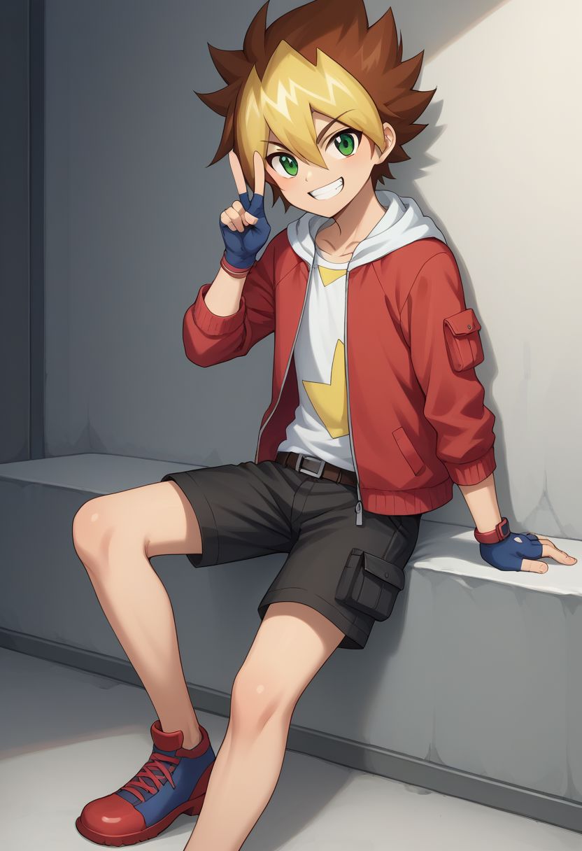 score_9, score_8_up, source_anime, highly detailed, skinny, cute,
yuga, 1boy, male focus, gloves, solo, smile, fingerless gloves, shorts, green eyes, jacket, multicolored hair, hood, shirt, brown hair,
hair between eyes, print shirt, red jacket, red shoes, blue shoes,
indoor, sit, grin, v sign,