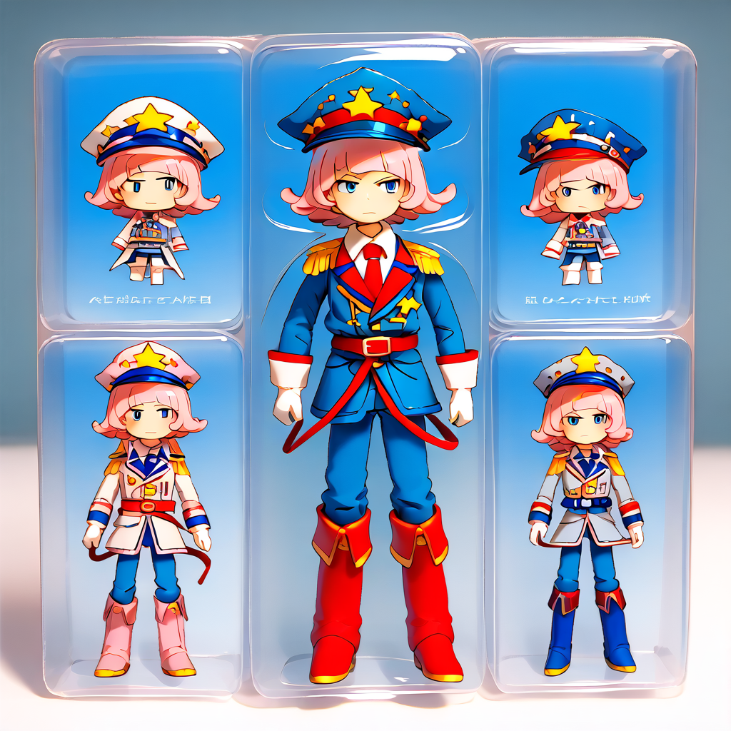 <lora:skirbygkb:1> kirbman, pink hair, flipped hair, short hair, blunt bangs, blue eyes, blue peaked cap, star \(symbol\), red belt on hat, epaulettes, white undershirt, red tie, red knee-high boots, red pants, grey vest, blue overcoat with pink trim, long sleevs, white gloves
 <lora:Action_Figurator_PDXL:0.8> action figure, toy packaging