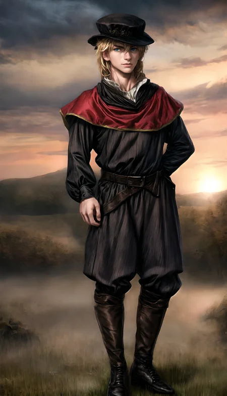 medieval, fantasy, dusk, medieval village background,
straight-on, full body, male, weak, confident and relaxed pose, intrigued glance, (black eye color:0.7), brown eye color, blonde hair, thin cute nose, pointy jaw, looking at viewer, tudor flat hat, wearing a medieval ranger outfit, bare arms,
HD, very detailed,
<lora:more_details:1.0>,  <lora:Medieval_Headwear:1.0> mehe,  <lora:Darkness:0.9> darkness,    <lora:Bloodborne:0.1>