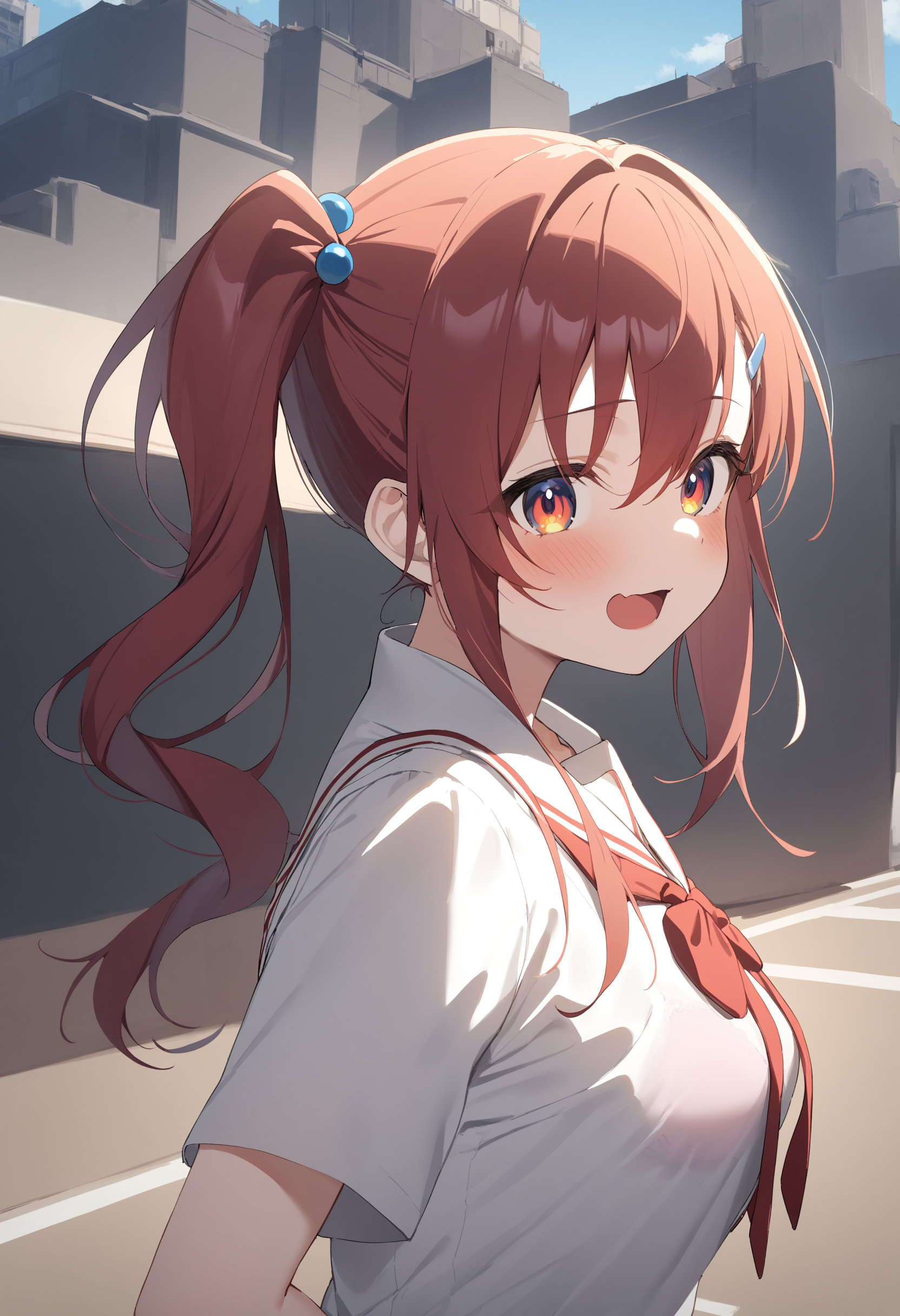 1girl,sincos, ningen mame, toosaka asagi,solo,medium breasts,school uniform,
bra visible through clothes,<lora:bravisiblethroughclothes_XL_v1:0.8>
from side, cinematic angle, looking ahead, red hair, orange eyes,evil smile, fortresses, open mouth, side ponytail hair,,
best quality, very aesthetic, absurdres