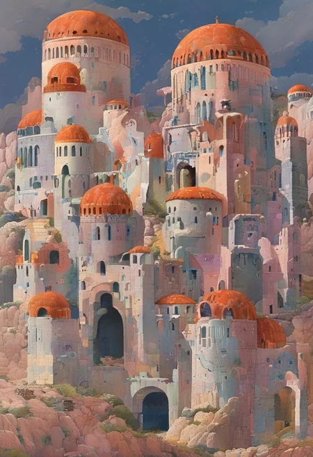 masterpiece,best quality,<lora:tbh306-sdxl:0.9>,illustration,design by Michael Graves, Postmodern corporate headquarters with playful, colorful , designed by Michael Graves, Pans Labyrinth style, castle, elements reminiscent of Michael Graves, (((labyrinth)))