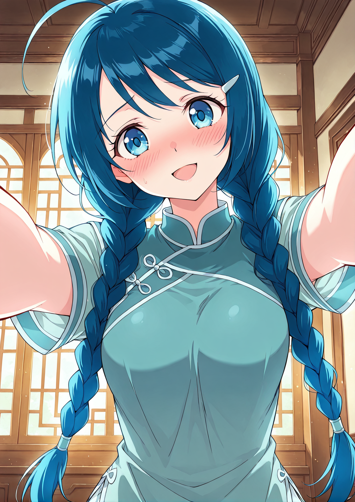 <lora:Ling-Er__Battle_Through_the_Heavens__Illustrious:1>
1 girl, solo, blue eyes, blue hair, braid, twin braids, long hair, ahoge, chinese clothes, short sleeves, hair ornament, hairclip, 
score_9, score_8_up, score_7_up, score_6_up, source_anime, rating_explicit, 1girl, solo, smile, embarrassed, alcalose eyes, open mouth, mansion, indoors, looking at viewer, outstretched arms, pov, close-up, (head tilt:1.2)