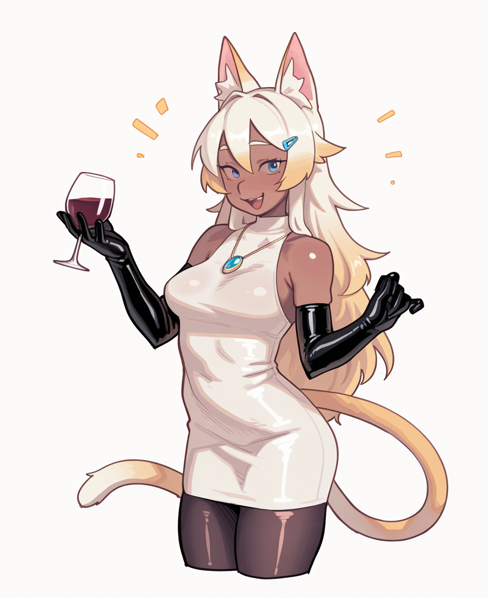 <lora:piku184:1> piku184,
(masterpiece), (best quality), (ultra-detailed), amazing quality, very aesthetic, illustration, perfect composition, intricate details, absurdres, incredibly absurdres, shiny skin, realistic,
 piku, 1girl, solo, gloves, tail, animal ears, blue eyes, cup, long hair, elbow gloves, drinking glass, multicolored hair, black gloves, white background, , simple background, gradient hair, jewelry, looking at viewer, breasts, smile, cat tail, cat ears, wine glass, necklace, open mouth, blonde hair,  cup, dark skin, dress, skinned female, bare shoulders, wine, sleeveless, white dress, alcohol, pantyhose, cropped legs, medium breasts, hair ornament, hairclip, d, cowboy shot, sensitive