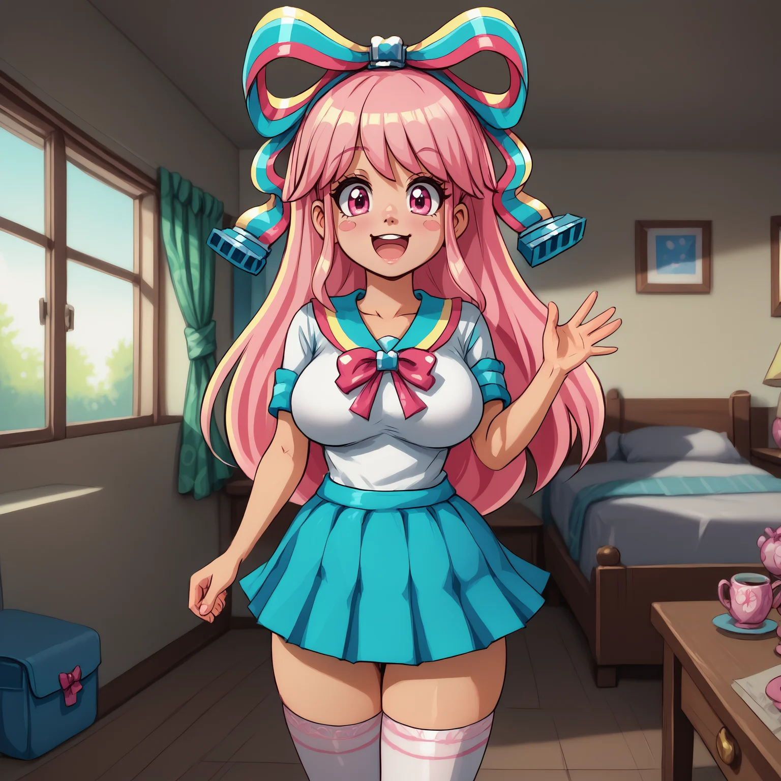 zPDXL2, score_9, score_8_up, score_7_up, detailed, intricate details, chromatic aberration, realistic, front view, head and shoulders portrait, upperbody close-up, looking at viewer, indoors, home, house, 1girl, solo, <lora:Giffany:1> Giffany, open mouth, smile, Pink hair, long hair, pink eyes, big eyes, blush stickers, Hair bow, school uniform, White shirt, blue skirt, pink ribbon, white thighhighs, pink footwear, large breasts, large ass, thick thighs, slender torso,waving, good_hands,  <lora:pony_good_hands:1> <lora:detailed_notrigger:2>