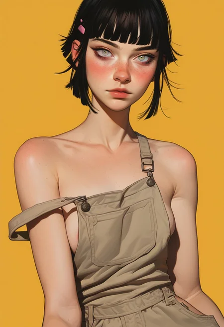 1girl, pretty face, freckles, manic pixie. fringe bangs, dark hair,
farmer overalls, one strap down, seductive,
FOV medium shot,
simple pastel lilac and yellow background,
score_9,score_8_up