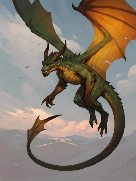 green dragon, flying, sky, yellow eyes, teeth, wings up, tail, horns, solo, couds, <lora:GWENTXLV3:0.8>, score_9, score_8_up, score_7_up