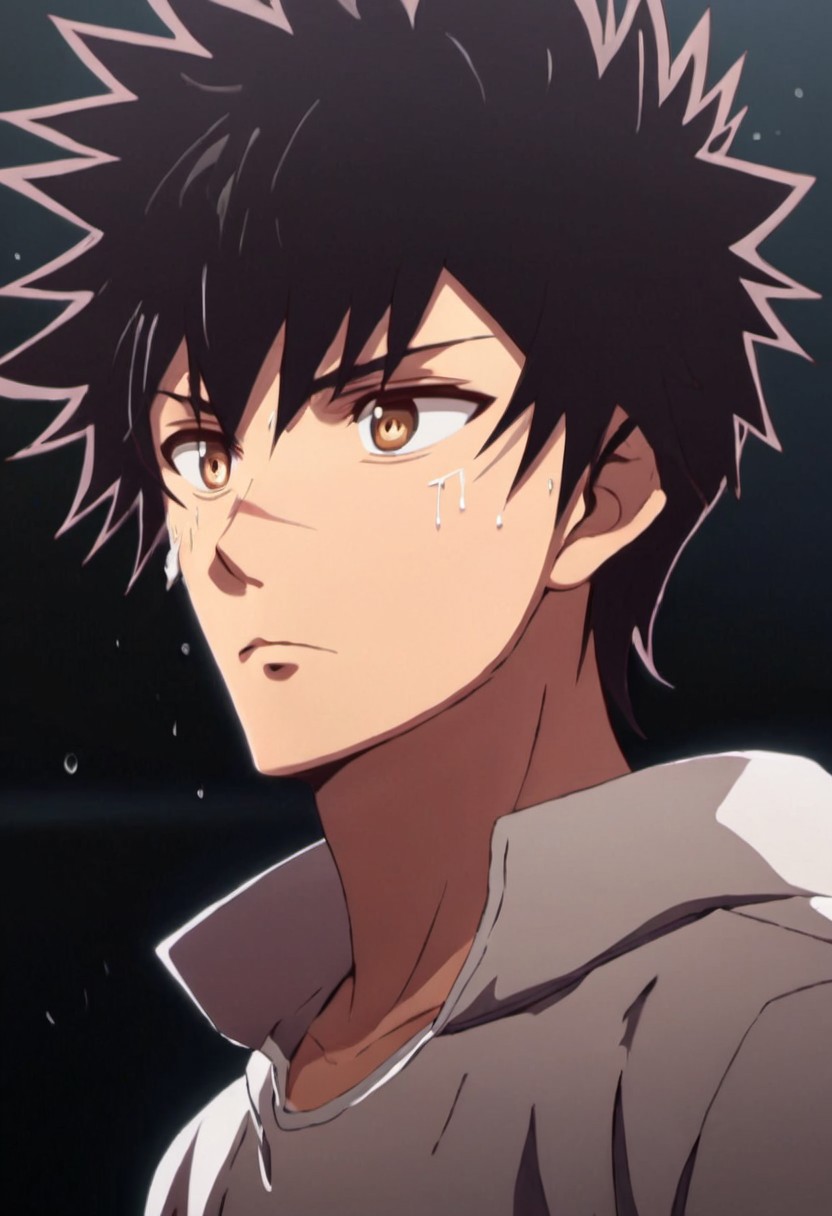 high resolution, solo, best quality, 1Boy, Kanata Hoshijima, Black hair, Brown Eyes, Interrogation, spotlight, sweat, silence,